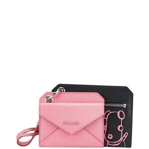 Prada Dog Illustration Wallet Black Pink Saffiano Leather